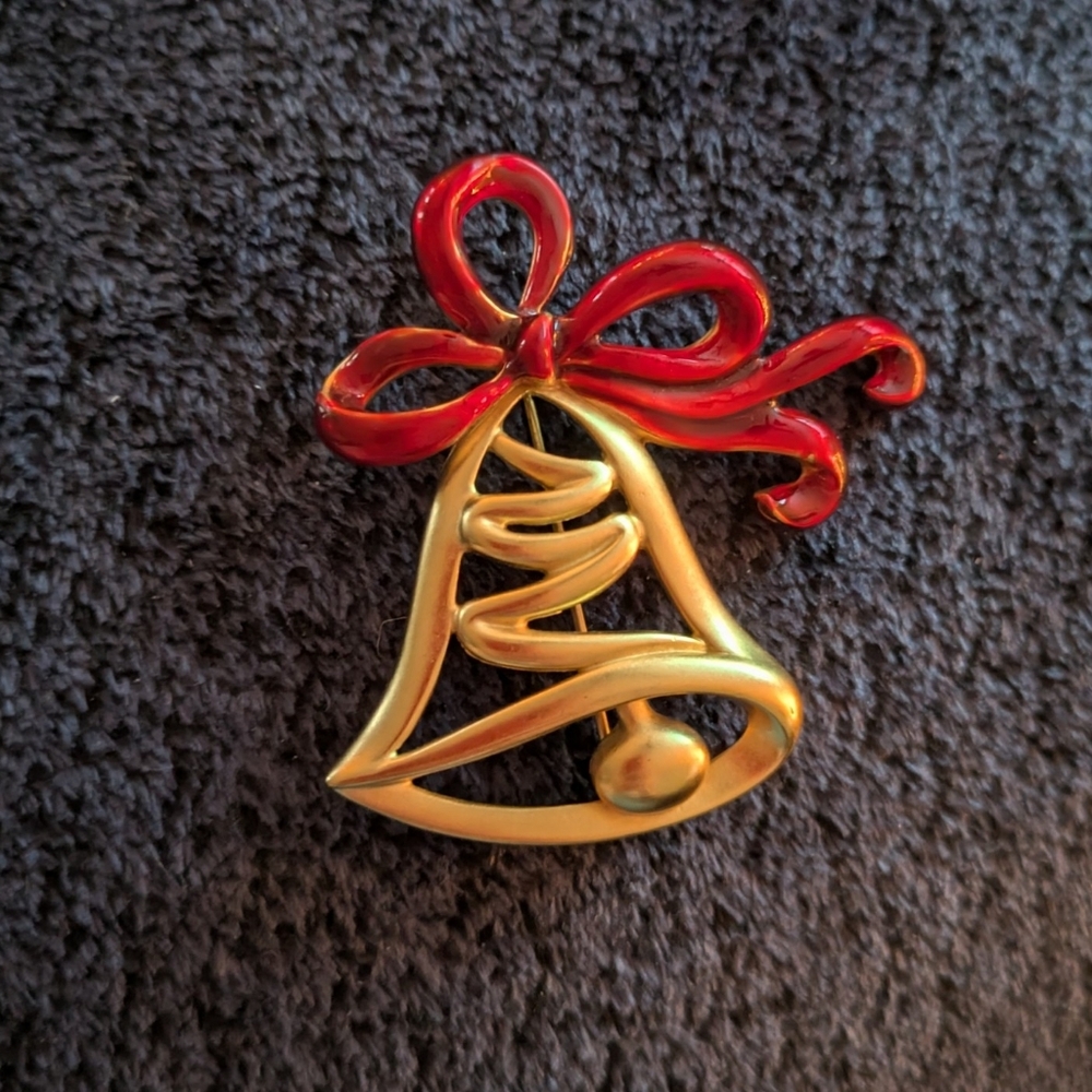 Vintage Festive Red and Gold Bell Brooch By Krementz